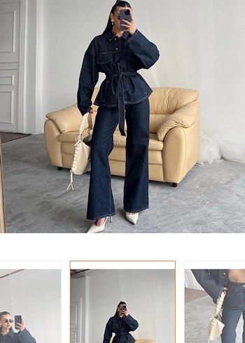 Diğer Kemerli Lacivert Kadın Denim Ceket