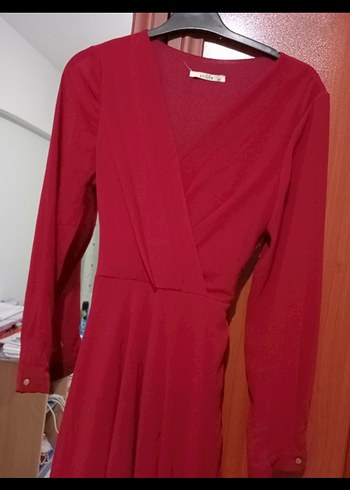 Kırmızı Uzun Kollu Drapeli Uzun Elbise - Görsel 3