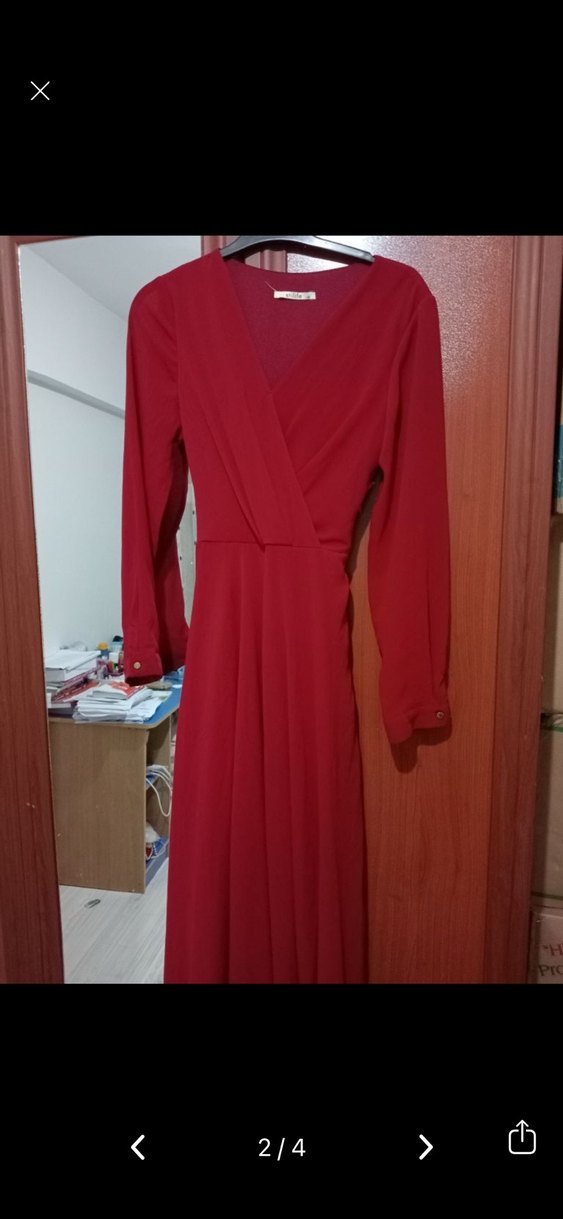 Kırmızı Uzun Kollu Drapeli Uzun Elbise - Görsel 2