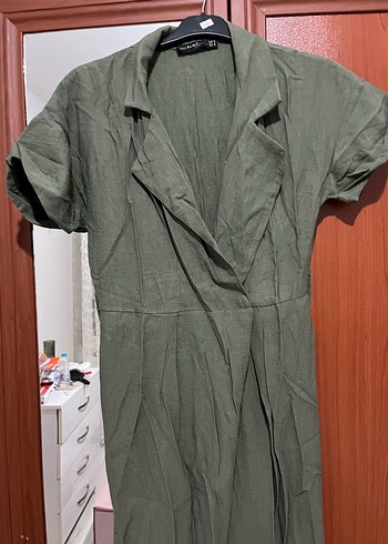 Kadın Haki Uzun Keten Tulum - Görsel 2