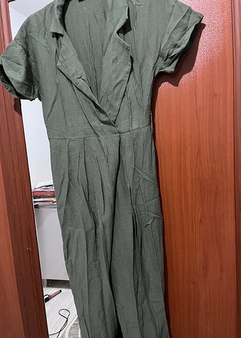 Kadın Haki Uzun Keten Tulum - Görsel 3