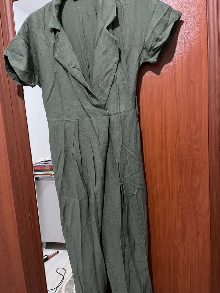 Kadın Haki Uzun Keten Tulum - Görsel 3