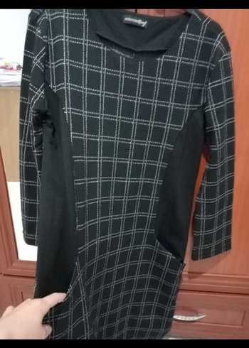 Siyah Kareli Triko Midi Elbise - Görsel 3