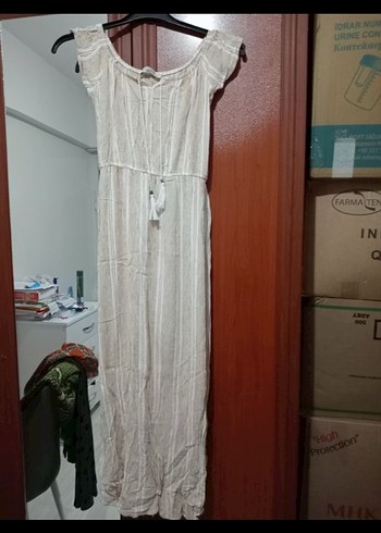 Bej Keten Uzun Kolluksuz Bohem Elbise - Görsel 3