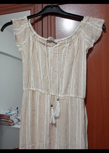 Bej Keten Uzun Kolluksuz Bohem Elbise - Görsel 2