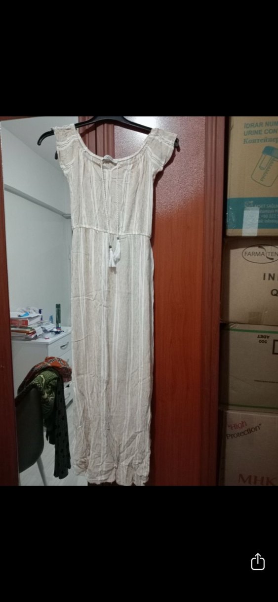 Bej Keten Uzun Kolluksuz Bohem Elbise - Görsel 3