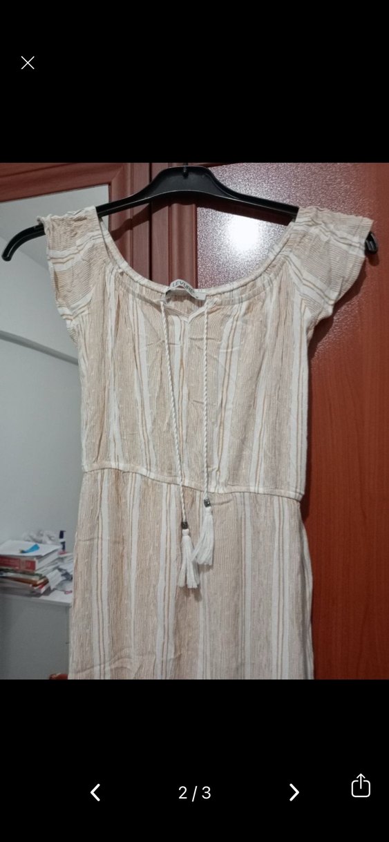 Bej Keten Uzun Kolluksuz Bohem Elbise - Görsel 4