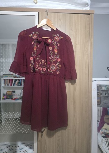 Bordo Nakışlı Zara Bohem Midi Elbise