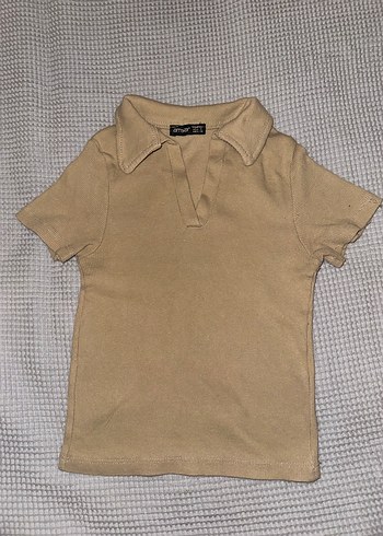 Bej Deri Kadın Crop Top, Polo Yaka, Kısa Kollu 
,Ambar - Görsel 2