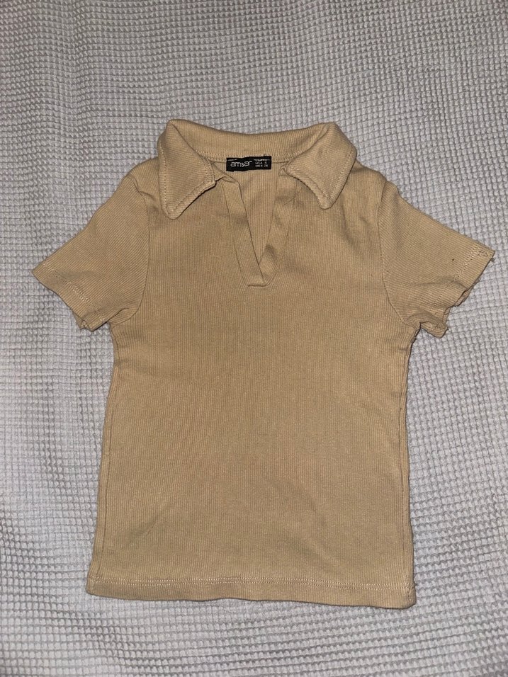 Bej Deri Kadın Crop Top, Polo Yaka, Kısa Kollu 
,Ambar - Görsel 2