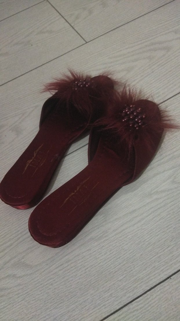 Bordo Kürklü İşlemeli Kadın Topuklu Terlik - Görsel 2