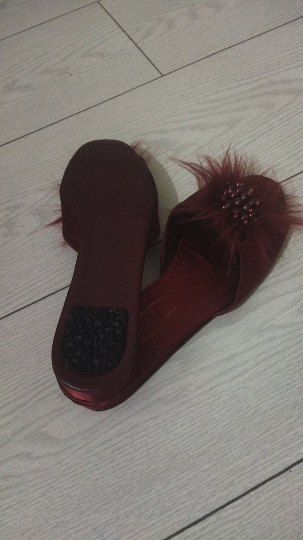 Bordo Kürklü İşlemeli Kadın Topuklu Terlik - Görsel 3