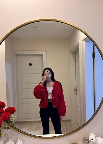 Kırmızı Örgü Salaş Kadın Hırka - Görsel 2