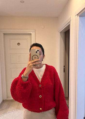 Kırmızı Örgü Salaş Kadın Hırka - Görsel 4