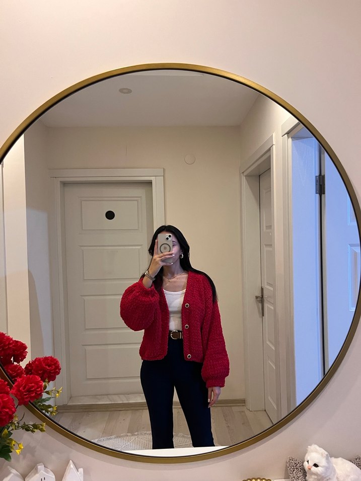 Kırmızı Örgü Salaş Kadın Hırka - Görsel 5