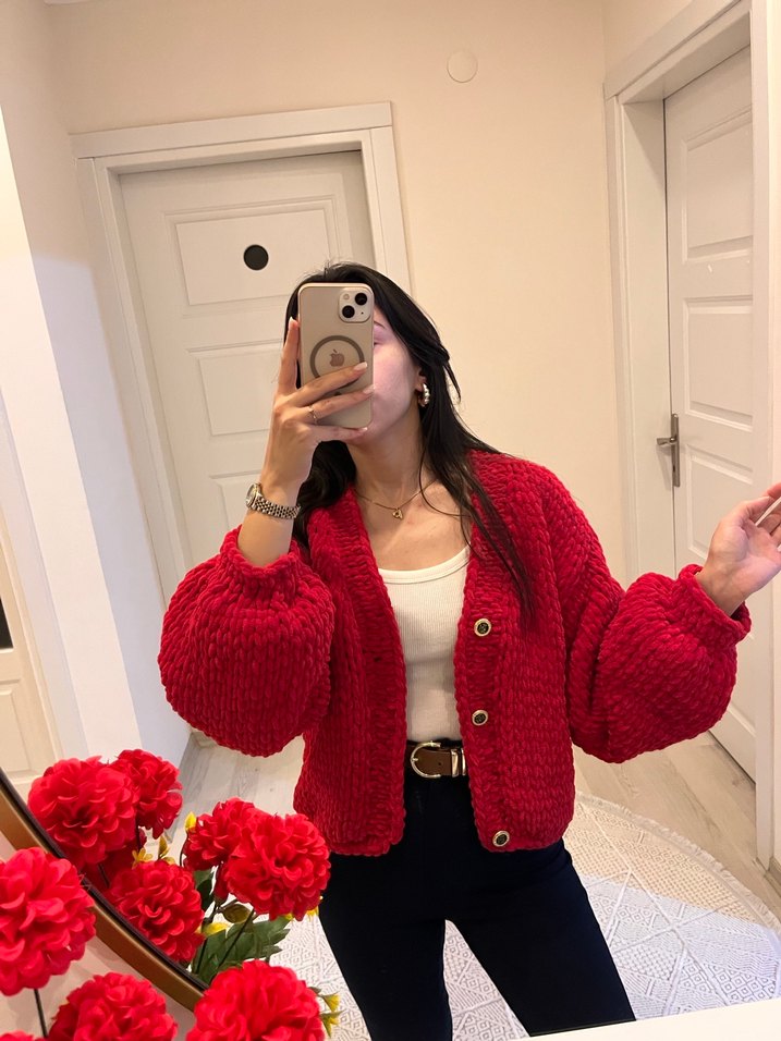 Kırmızı Örgü Salaş Kadın Hırka - Görsel 3