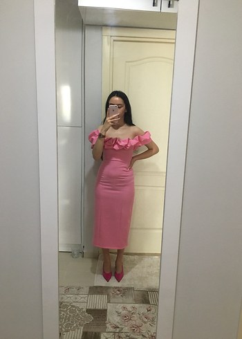 Pembe Straplez Ruffled Midi Kalem Elbise - Görsel 2