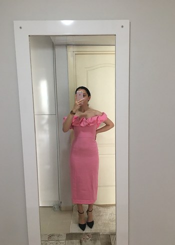 Pembe Straplez Ruffled Midi Kalem Elbise - Görsel 6