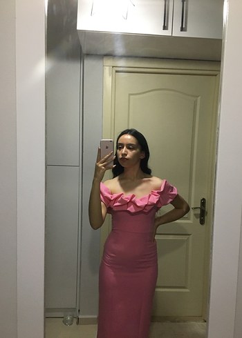 Pembe Straplez Ruffled Midi Kalem Elbise - Görsel 4