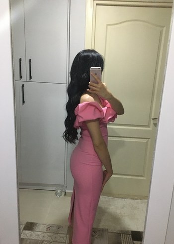 Pembe Straplez Ruffled Midi Kalem Elbise - Görsel 5