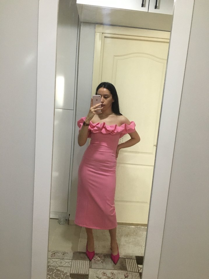 Pembe Straplez Ruffled Midi Kalem Elbise - Görsel 3