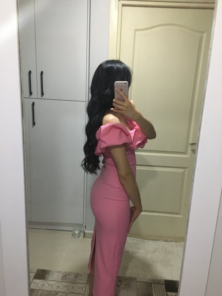 Pembe Straplez Ruffled Midi Kalem Elbise - Görsel 5