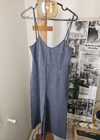 Kadın Çizgili Denim Tulum
