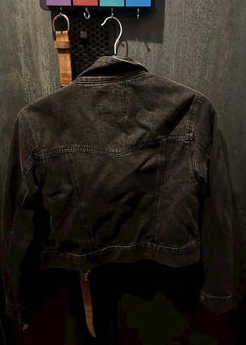 Siyah Kadın Denim Ceket, Kemerli, Sade - Görsel 3