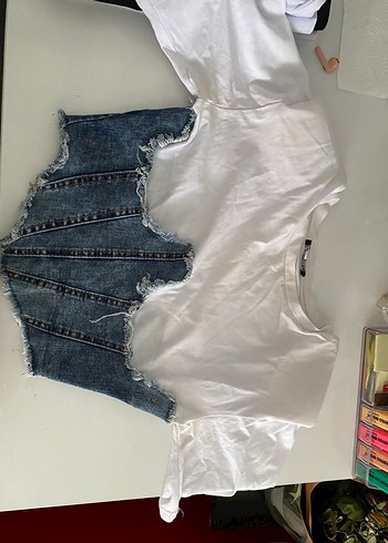 Diğer Denim Detaylı Beyaz Kısa Kollu Kadın Gömlek