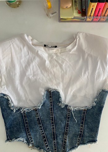 xs Beden Denim Detaylı Beyaz Kısa Kollu Kadın Gömlek