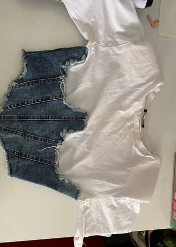 xs Beden beyaz Renk Denim Detaylı Beyaz Kısa Kollu Kadın Gömlek
