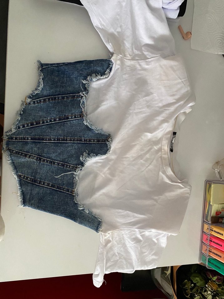 Denim Detaylı Beyaz Kısa Kollu Kadın Gömlek - Görsel 4