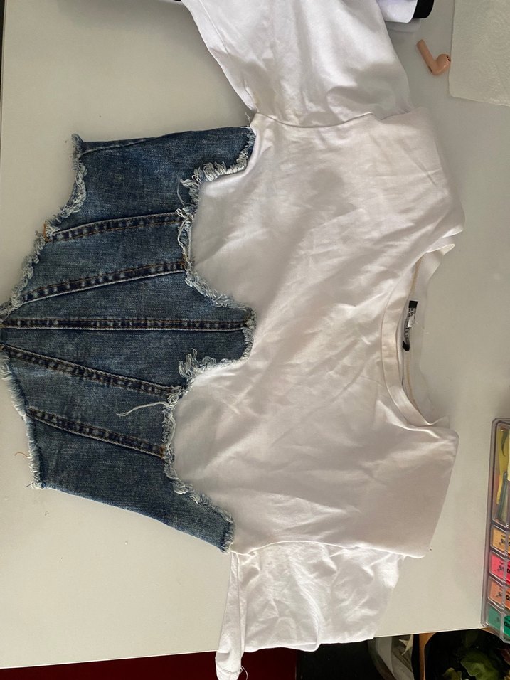 Denim Detaylı Beyaz Kısa Kollu Kadın Gömlek - Görsel 3