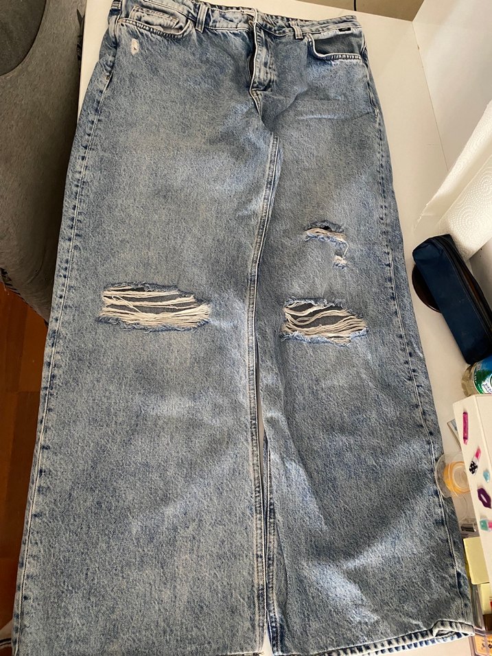 Gri Kadın Bol Kesim Uzun Kot Pantolon - Görsel 2