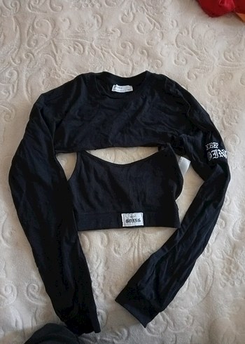 Uzun Kollu Siyah Mini Crop Top