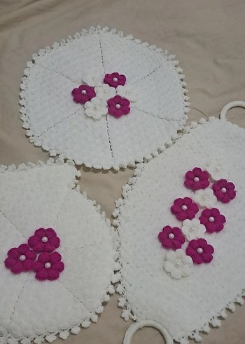 Pembe Beyaz Çiçekli El Örgüsü 3 lü Takım Çeyizlik Lıfler - Görsel 2