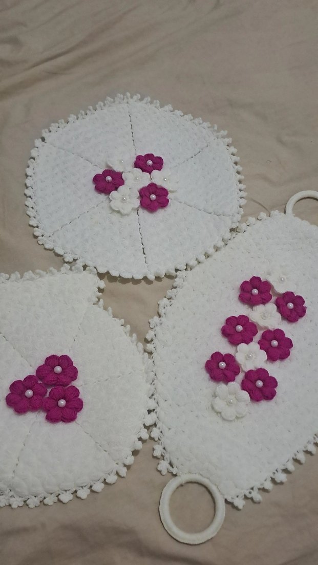 Pembe Beyaz Çiçekli El Örgüsü 3 lü Takım Çeyizlik Lıfler - Görsel 2