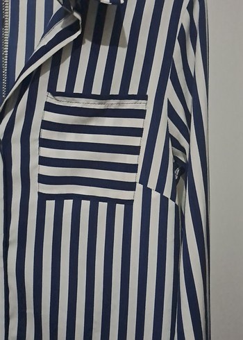 Mavi Çizgili Uzun Kollu Kadın Gömlek Tunik - Görsel 3