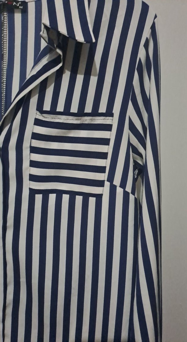 Mavi Çizgili Uzun Kollu Kadın Gömlek Tunik - Görsel 3