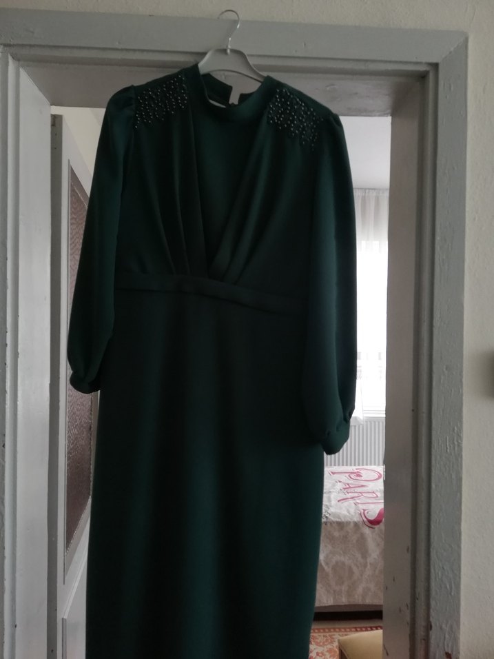 Yeşil Uzun Kollu Drapeli Abiye Elbise - Görsel 2