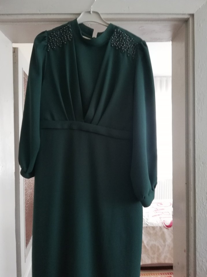 Yeşil Uzun Kollu Drapeli Abiye Elbise - Görsel 3