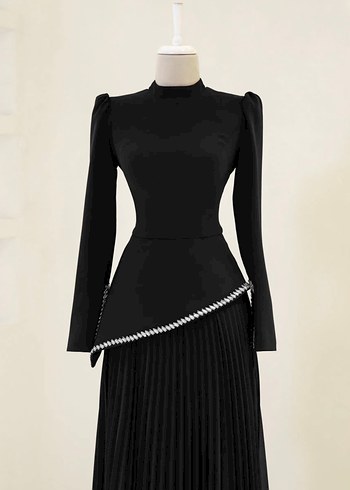 Uzun Kollu Siyah Piliseli Uzun Abiye Elbise - Görsel 2