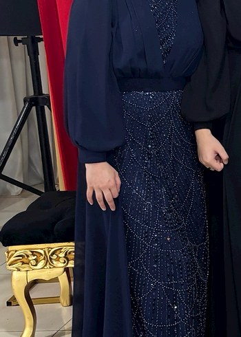Uzun Kollu lacivert Drapeli Abiye Elbise - Görsel 3