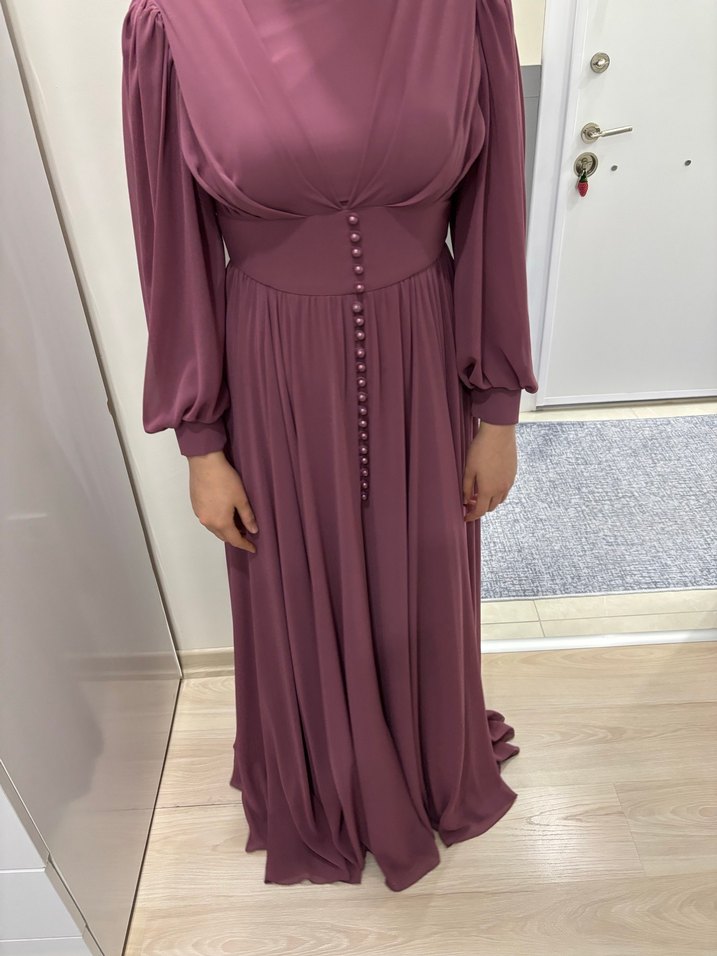 Fuşya V Yaka Uzun Kollu Abiye Elbise - Görsel 3