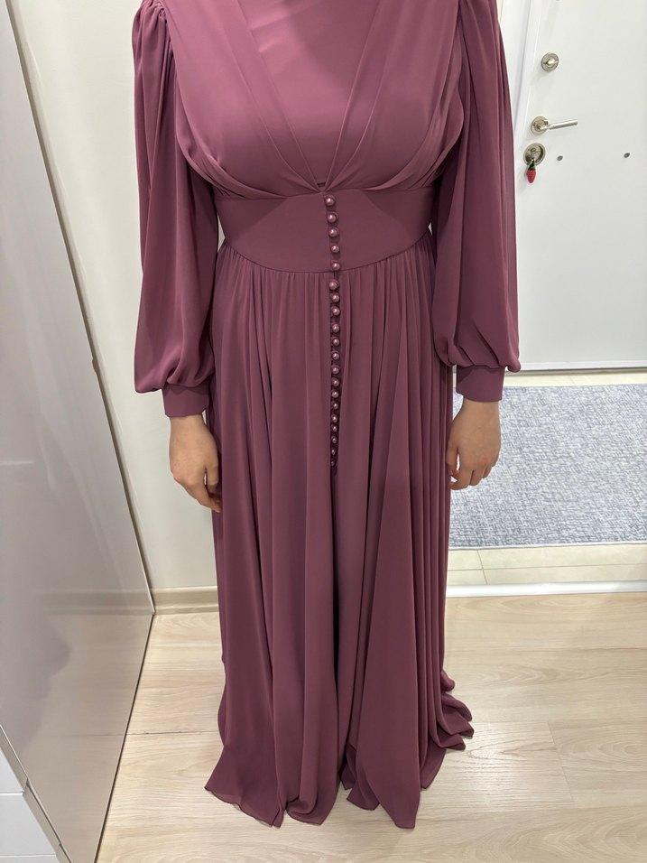 Fuşya V Yaka Uzun Kollu Abiye Elbise - Görsel 2