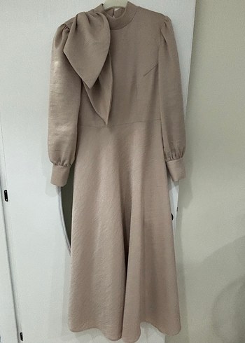 Bej pudra Uzun Kollu Drapeli Kadın Abiye Elbise - Görsel 5