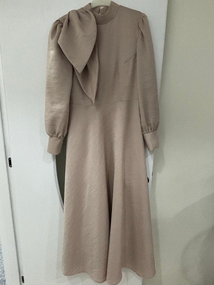 Bej pudra Uzun Kollu Drapeli Kadın Abiye Elbise - Görsel 5