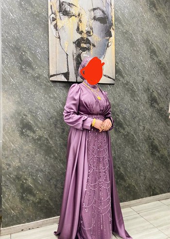 Diğer Uzun Mor Drapeli Tesettür Abiye Elbise