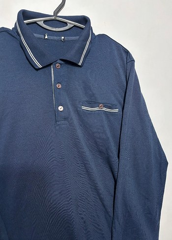 Erkek Lacivert Uzun Kollu Denim Polo Tişört - Görsel 2