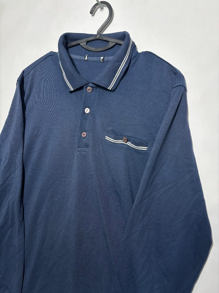 Erkek Lacivert Uzun Kollu Denim Polo Tişört - Görsel 3